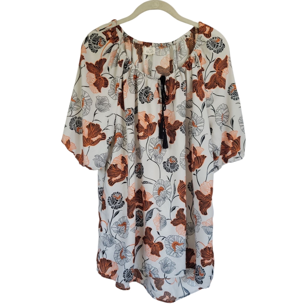 Tres Jolie Floral Peasant Blouse Tassel Tunic‎ Top M Boho Artsy Folk Earthy